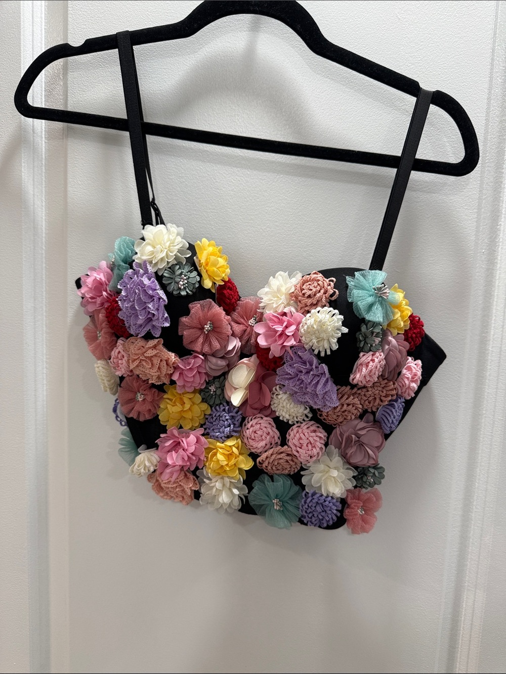 Floral Appliqué Black Crop Top with Multicolor Flowers